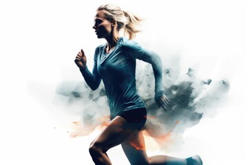 Heroic double exposure photo of a well trained female Swedish runner speedy running. Generative AI AIG19.