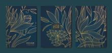 Vector Japanese Leaves Art Deco Patterns. Floral Golden Elements Template In Vintage Style. Luxury Line Covers, Labels, Frames, Invitations, Brochures, Packaging, Luxury Products, Perfume, Soap, Wine.