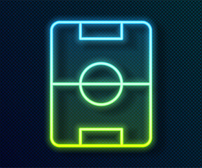 Poster - Glowing neon line Football or soccer field icon isolated on black background. Vector