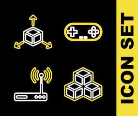 Sticker - Set line Gamepad, Isometric cube, Router and wi-fi and icon. Vector