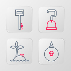 Poster - Set line Bomb ready to explode, Tropical island in ocean, Pirate hook and key icon. Vector