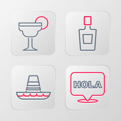 Sticker - Set line Hola, Mexican sombrero, Tequila bottle and Margarita cocktail icon. Vector