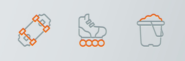 Poster - Set line Sand in bucket, Skateboard and Roller skate icon. Vector