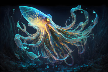 Wall Mural - Glowing Squid On Underwater Environtment Background