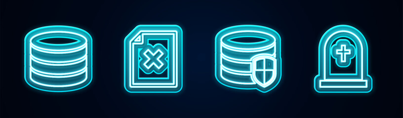 Sticker - Set line Database, Delete file document, protection and Tombstone with cross. Glowing neon icon. Vector