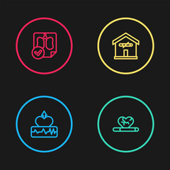 Sticker - Set line Heartbeat increase, disease with smoking, No home and Lungs x-ray diagnostics icon. Vector