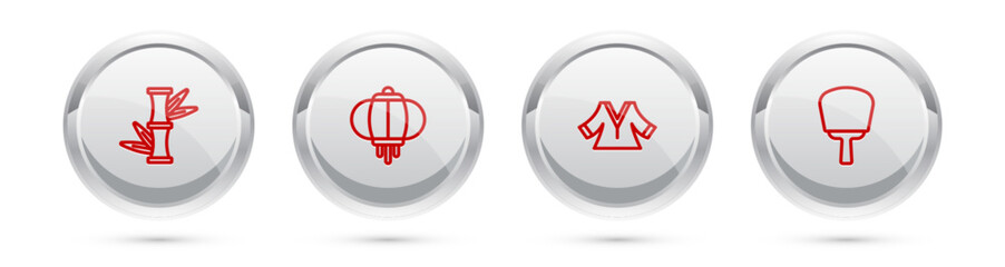 Sticker - Set line Bamboo, Korean lantern, Kimono and hand fan. Silver circle button. Vector