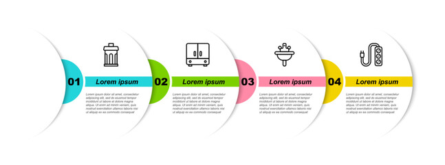 Sticker - Set line Trash can, Wardrobe, Washbasin and Electric extension. Business infographic template. Vector