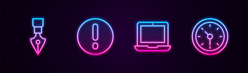 Canvas Print - Set line Fountain pen nib, Speech bubble and Exclamation, Laptop and Clock. Glowing neon icon. Vector