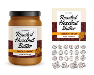 Wall Mural - Hazelnut butter label. Realistic glass jar mockup. Hand-drawn hazelnut seeds and shells illustrations