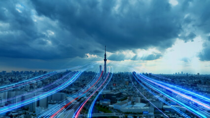 Aufkleber - Modern city and light ray. The road to the future. Communication network.