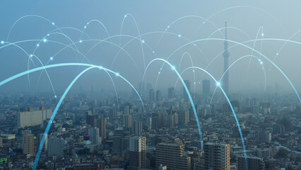 Aufkleber - Modern city and light ray. The road to the future. Communication network.