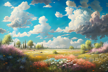 Illustration of a many flower in meadow spring with clear blue cloud sky