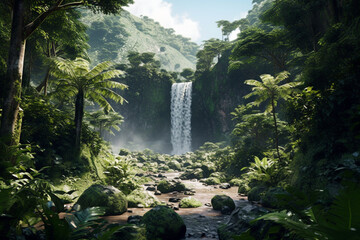 Poster - A waterfall surrounded by lush greenery.  Generative AI technology