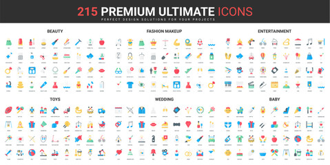 Poster - Beauty cosmetics, makeup and fashion color flat icons set vector illustration. Abstract symbols of wedding, entertainment services and toys for baby and family, simple design for mobile and web apps
