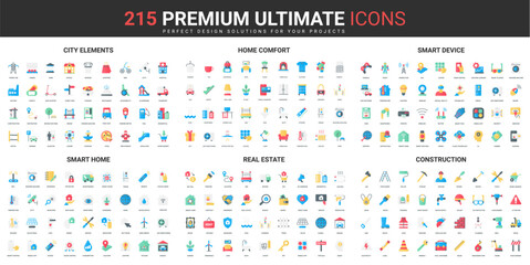 Poster - City construction, smart home color flat icons set vector illustration. Abstract symbols of comfort house system and devices, urban elements and real estate simple design for mobile and web apps
