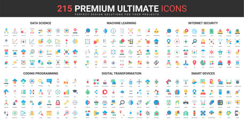 Poster - Science digital technology and hightech smart devices color flat icons set vector illustration. Abstract innovation pictograms with AI control and automation, simple design for mobile and web apps