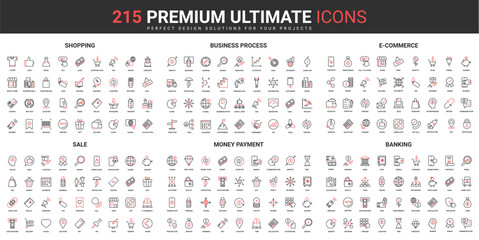 Leinwandbilder - Banking, money payment, sales of ecommerce thin line red black icons set vector illustration. Abstract symbols of success business processes, shopping in retail store simple design mobile, web apps