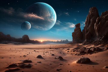Leinwandbilder - A surreal desert landscape with a bright full moon and stars overhead.  Generative AI technology