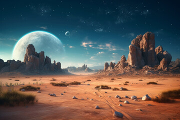 Poster - A surreal desert landscape with a bright full moon and stars overhead.  Generative AI technology
