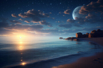 Poster - A serene ocean view with a crescent moon and starry sky in the background.  Generative AI technology