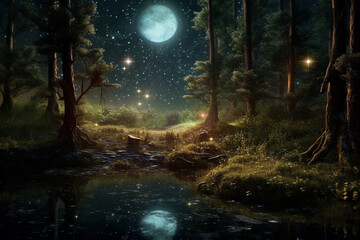 Poster - A mesmerizing forest with a full moon and stars casting a spellbinding glow.  Generative AI technology