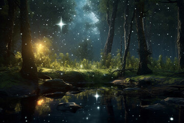 Poster - A mesmerizing forest with a full moon and stars casting a spellbinding glow.  Generative AI technology
