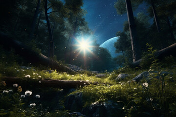 Poster - A mesmerizing forest with a full moon and stars casting a spellbinding glow.  Generative AI technology