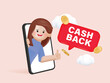 3d render of Cash Back concept, customer people getting cash rewards and gift from online shopping.3d render cartoon vector design.