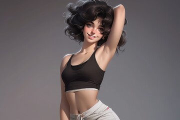 an animated woman in black pants and white, in the style of photorealistic portraiture. generative a