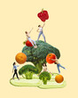 © master1305 - Young people around healthy food,broccoli, red pepper, citrus, tomatoes. Eating fruits and vegetables. Contemporary art collage. Concept of food, health care, diet, creativity. Modern design