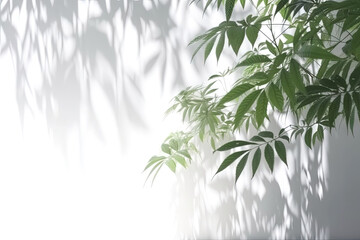 Wall Mural - Minimal abstract background for product presentation. Shadow of plant leaves and curtains, white wall and green plant. made with Generative AI