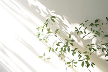 Wall Mural - Minimal abstract background for product presentation. Shadow of plant leaves and curtains, white wall and green plant. made with Generative AI