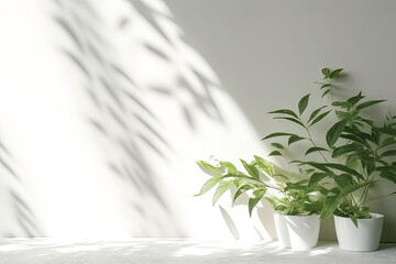 Wall Mural - Minimal abstract background for product presentation. Shadow of plant leaves and curtains, white wall and green plant. made with Generative AI