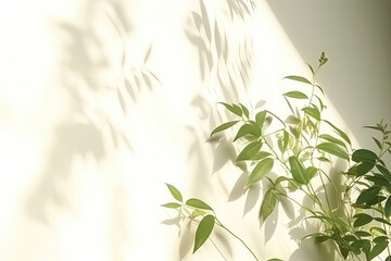 Wall Mural - Minimal abstract background for product presentation. Shadow of plant leaves and curtains, white wall and green plant. made with Generative AI