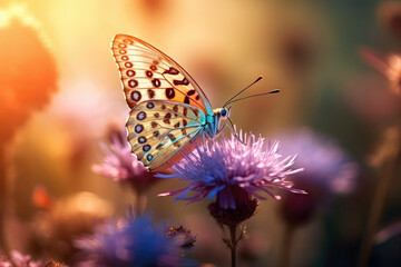 Wall Mural - Beautiful blurred background with butterfly and flowers, pastel colors, sunset, light, bokeh. Romantic illustration made with Generative AI