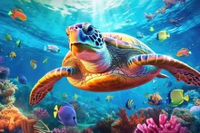 Turtle With Group Of Colorful Fish And Sea Animals With Colorful Coral Underwater In Ocean. Generative AI.