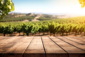 an empty wooden table for product display. blurred french vineyard in the background. generative ai.