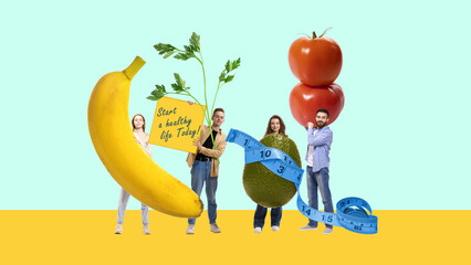 Young people attracting to follow healthy lifestyle with organic, natural food. Take care after health with nutrition. Contemporary art collage. Concept of food, creativity. Modern design