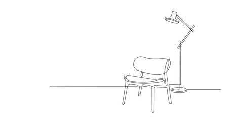 Wall Mural - Continuous line drawing of armchair and floor lamp. One line of interior Living room with modern furniture. Single line furniture elements. Hand draw contour of furniture. Doodle vector illustration