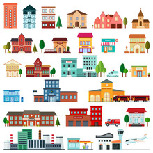 Colored And Flat Urban Government Buildings Icons.