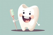 Healthy And Cute Tooth Cartoon Character Holding Toothbrush On Green Background. Anti-Caries Protection Concept. Generative AI
