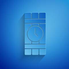 Poster - Paper cut Detonate dynamite bomb stick and timer clock icon isolated on blue background. Time bomb - explosion danger concept. Paper art style. Vector