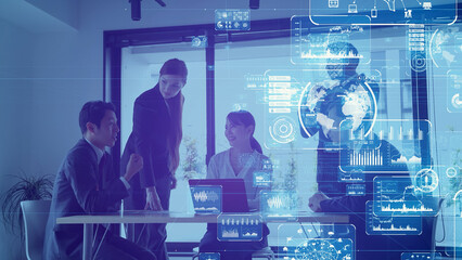 Poster - Business and technology concept. Communication network. Data analysis. Management strategy. Digital transformation.