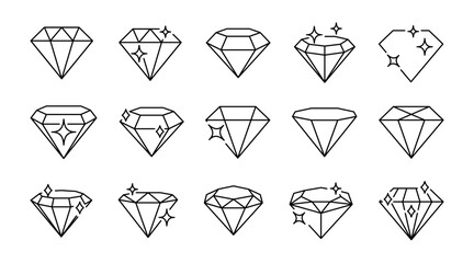 set of black line diamond icon. gemstone diamond collection
