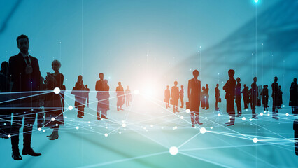 Poster - Business and technology concept. Communication network. Data analysis. Management strategy. Digital transformation.