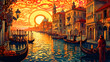 Illustration of the beautiful city of Venice. City of gondoliers, bridges, carnivals and love. Italy