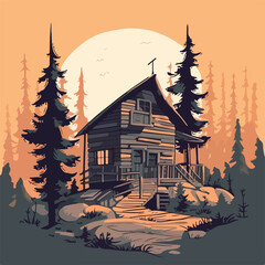 Wall Mural - vintage wooden house cabin in pine forest mountain logo vector illustration