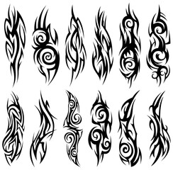 Tribal tattoo collection. Silhouette illustration. Isolated abstract element set.