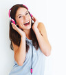 Music headphones, excited and happy woman listen to fun girl song, wellness audio podcast or radio sound. Studio smile, freedom and gen z model streaming edm playlist isolated on white background